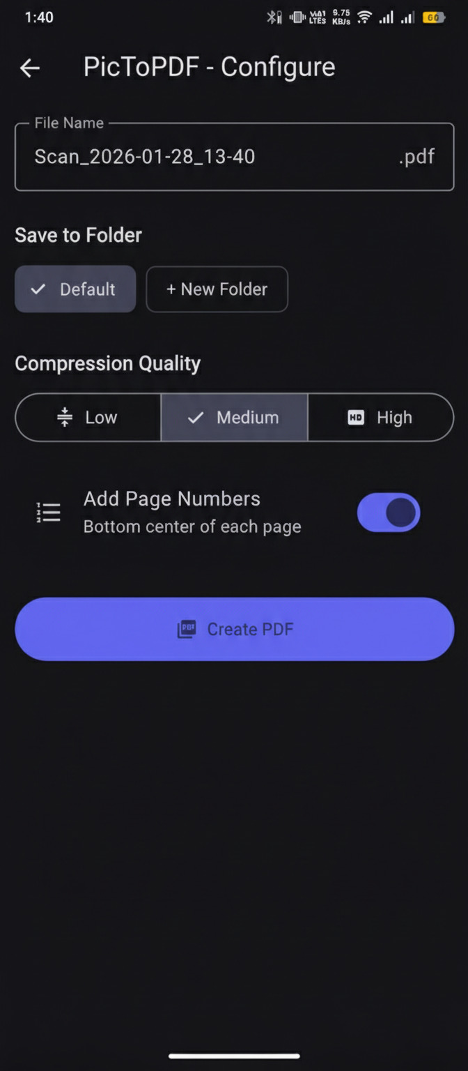 PDF creation interface